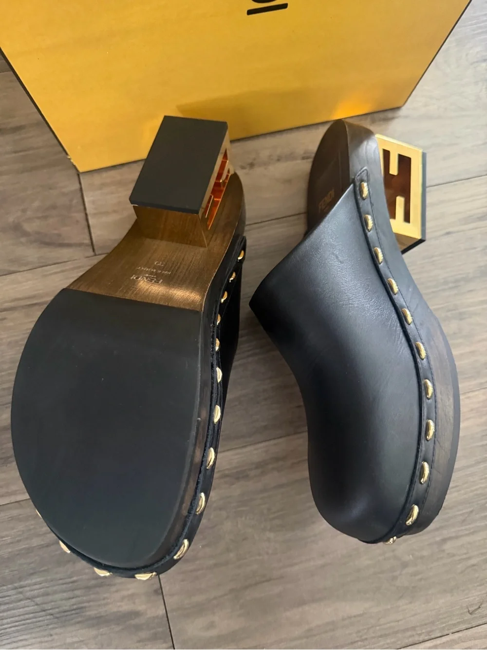 Fendi Black Leather Studded Clog Mule with Gold Heel Accent